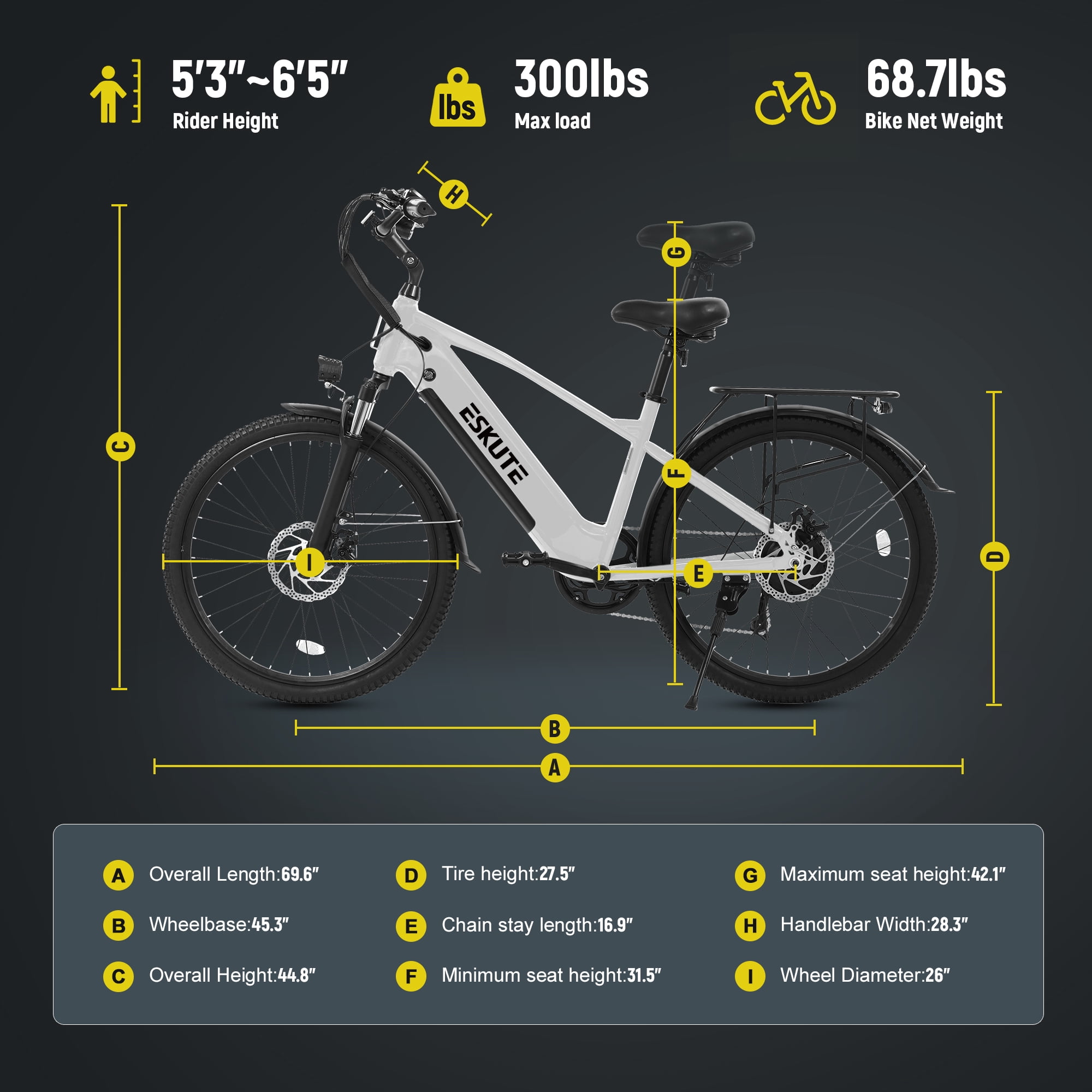 ESKUTE Adult Electric Bike – 70-Mile Range, 1300W Peak Motor, 28MPH, 840Wh Removable Battery, 26" Tires, 7-Speed Adjustable Stem, Step-Over Ebike, White with Phonebag & Lock