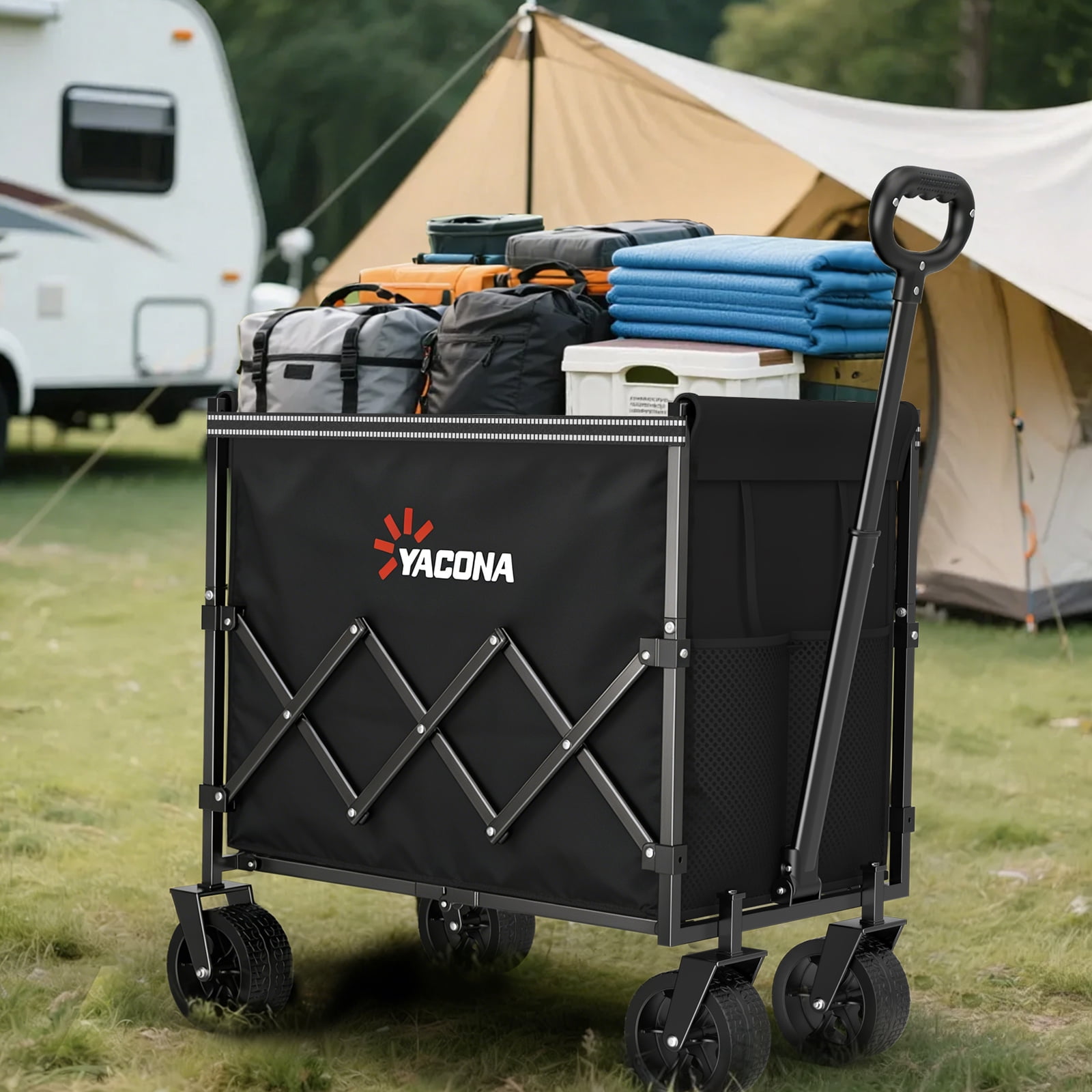 Yacona Wagons Carts Foldable, Large Capacity Collapsible Wagon, Heavy Duty Grocery Cart on Wheels, 450lbs, Black