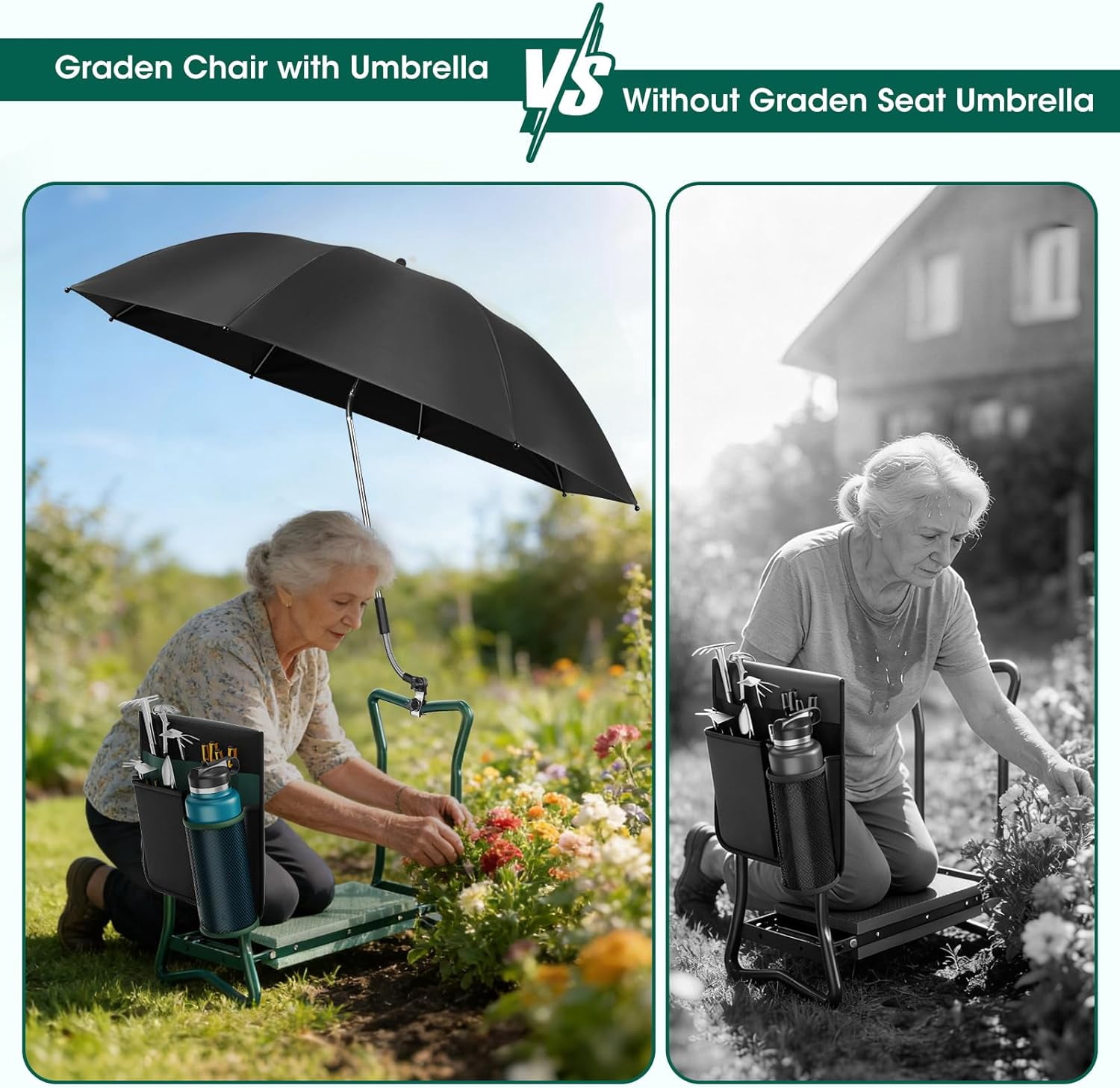 2-in-1 Garden Kneeler with Umbrella, Kneeling Bench & Black Umbrella, Portable Stool 330lb Capacity, Garden Tools Bag with Bottle Holder, Gardening Gift for Men Women Seniors