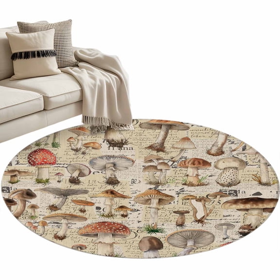 Mushroom Round Area Rug 4 FT, Non Slip Indoor Outdoor Rug, Pastoral Summer Botanical Watercolor Rustic Washable Soft Circular Carpet Non-Shedding Floor Mat for Coffee Table Nursery Foyer Balcony