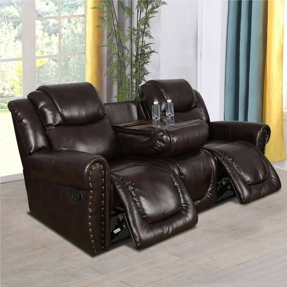 Manual Leather Recliner Couch Reclining 3 Seater Sofa Chair, Home Theater Seating for Living Room, Espresso