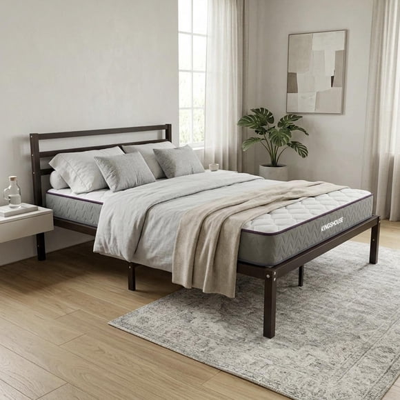 Juego de Base Cama de Metal y Colchón Matrimonial 135x190 Memory Foam cm 18 cm Firmeza Media cafe