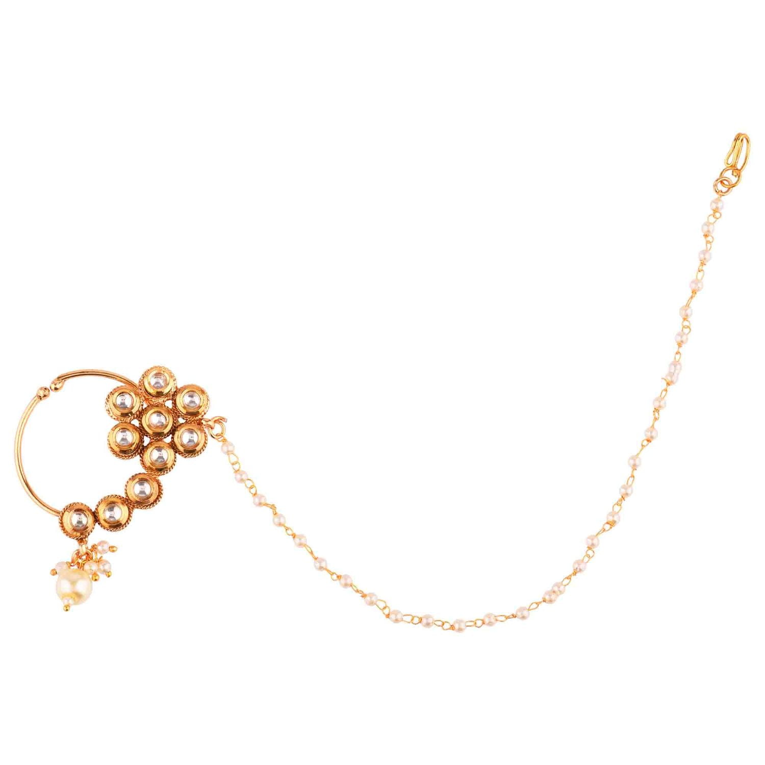 Efulgenz Indian Jewelry Kundan Crystal Nose Ring Hoop Pin Stud Fake Septum Ring with Faux Pearl Chain Nose to Ear Chain Non Piercing Body Jewelry, White