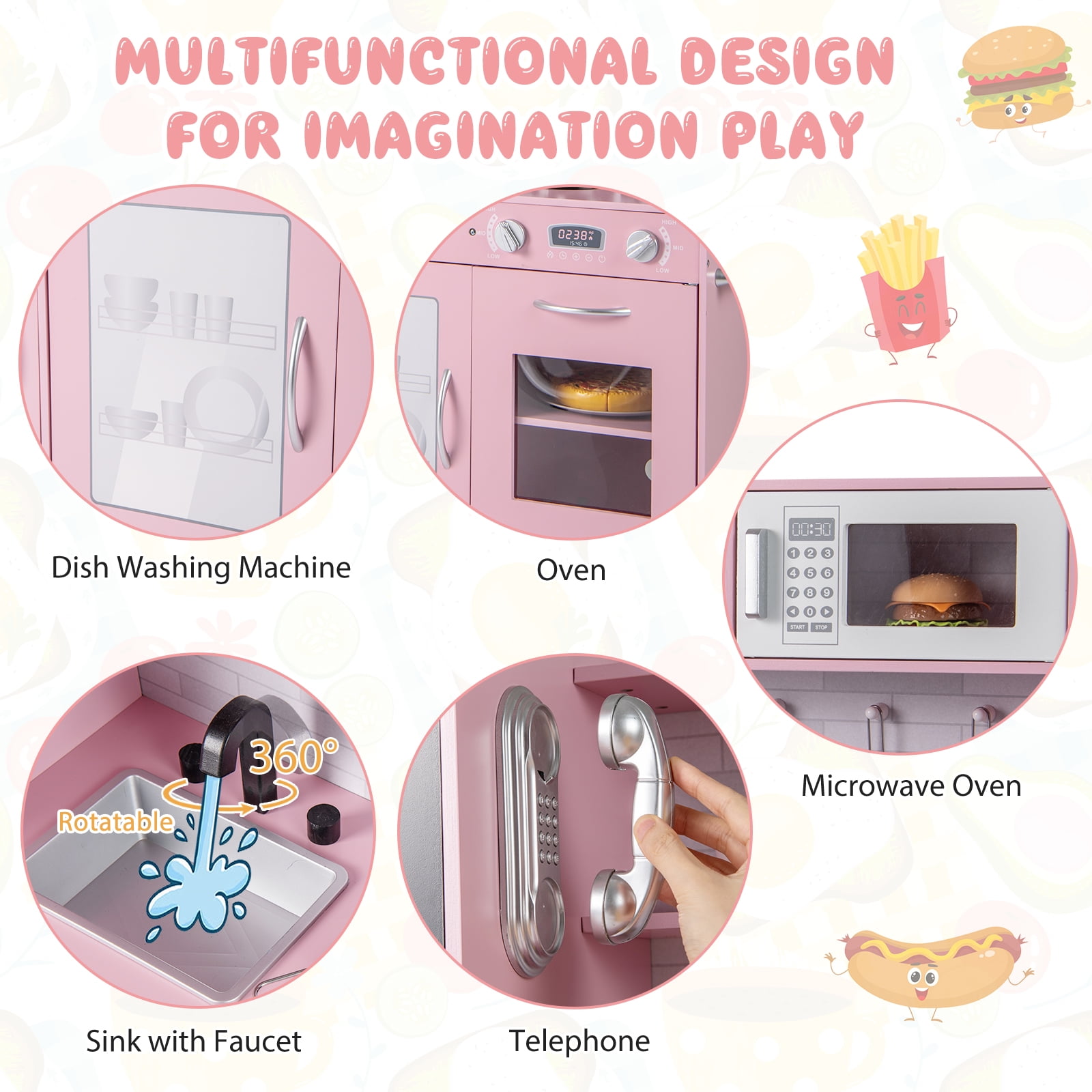 Gymax Play Kitchen Toy Set w/ Chalkboard Oven Sink Curtain