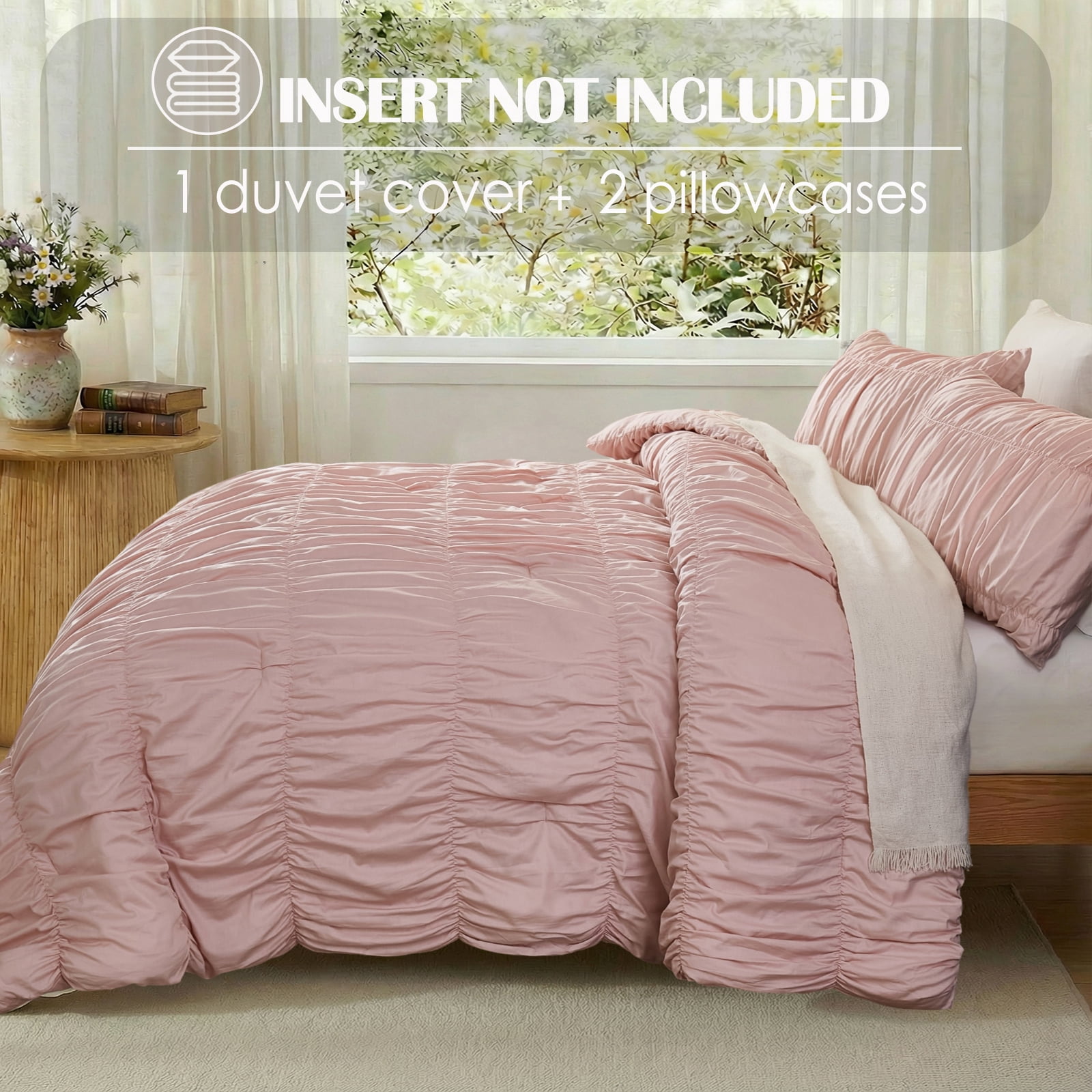 100% Cotton Pink Wrinkle Duvet Cover Set King Size,Ruched Bedding Comforter Cover,Shabby Chic Ruffled 3 Pcs Queen Duvet Cover Set,Bohemian Boho Bedding Set with 1 King Duvet  Cover 2 Pillowcases