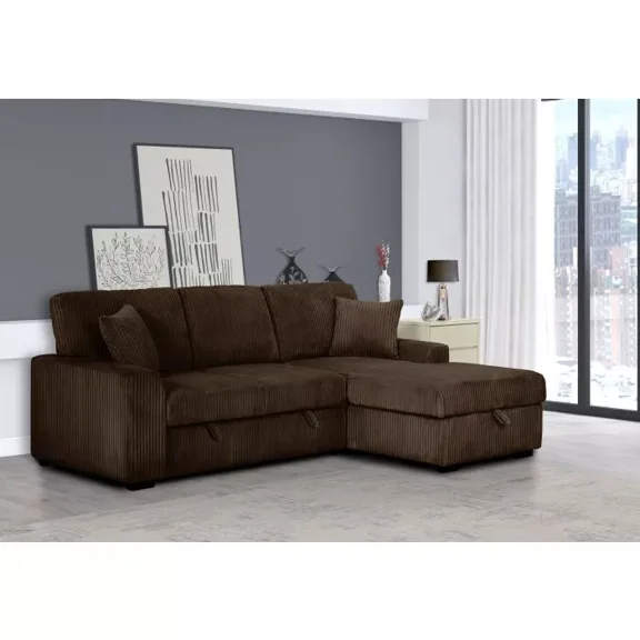 Living Room L-Shaped Sectional Sofa Bed, Convertible Sleeper Sofa with Storage Chaise, Brown