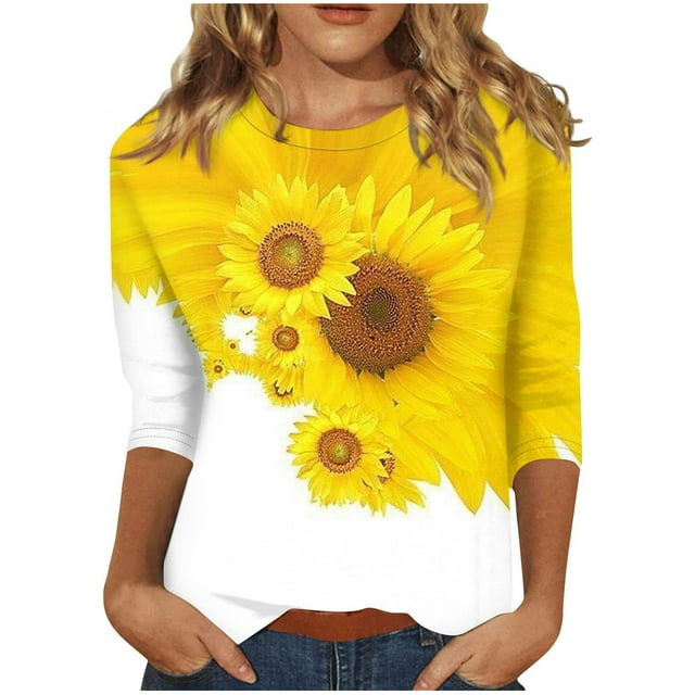 KIHOUT Nouvelles Arrivées Hauts à Manches 3/4 pour Femmes Coupe Ample Décontractée T-Shirts Col Rond Imprimé Floral Mignon Tunique Trois Quarts