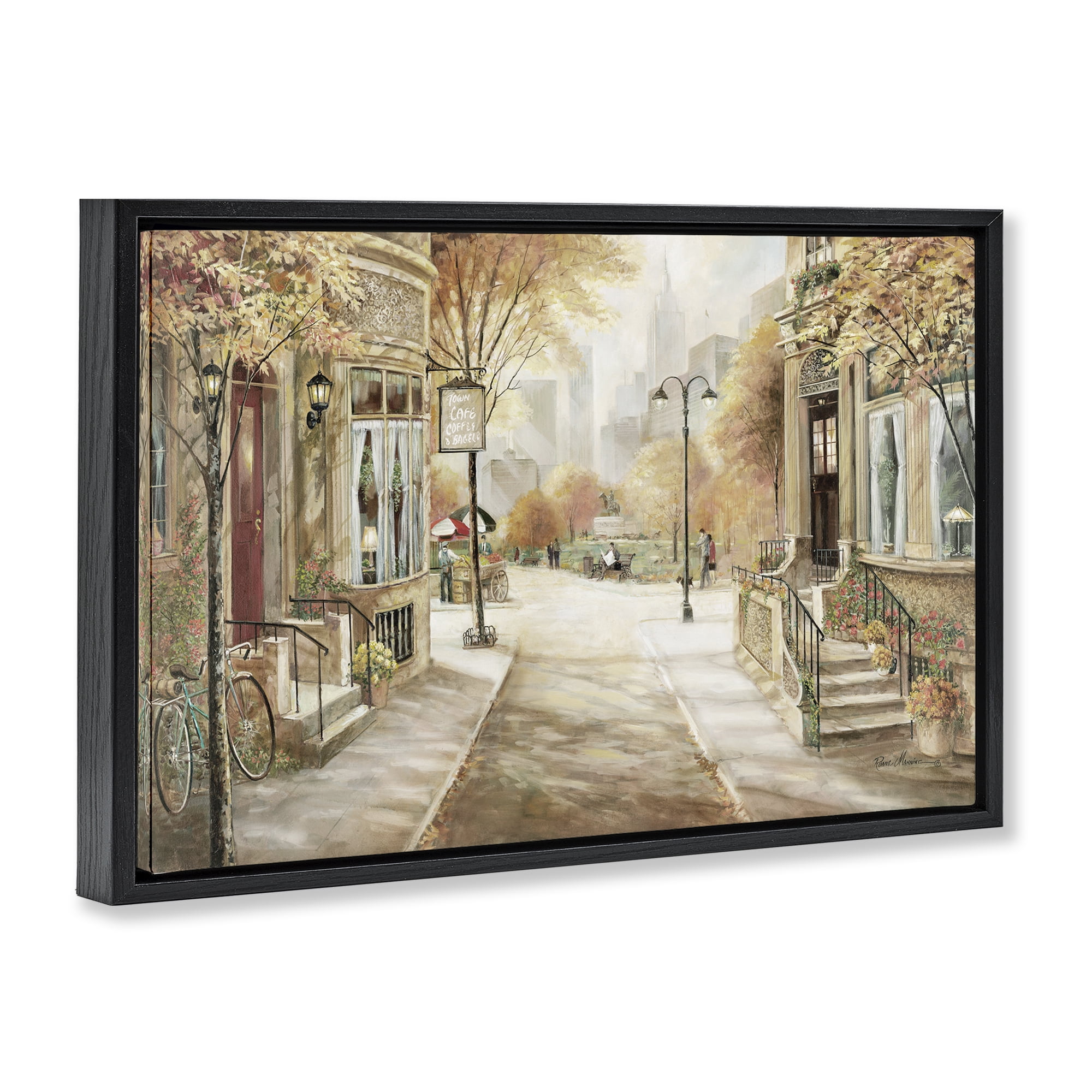 Stupell Industries City Street Shopfronts Scenic & Cityscapes Painting Black Floater Framed Canvas Art Print Wall Art, 31 x 21