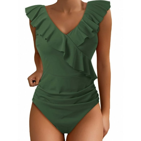 One Piece Swimsuit Women Bikinis for Women Women's Swimsuits Cute Bathing Suit Ruffle V Neck Swimwear