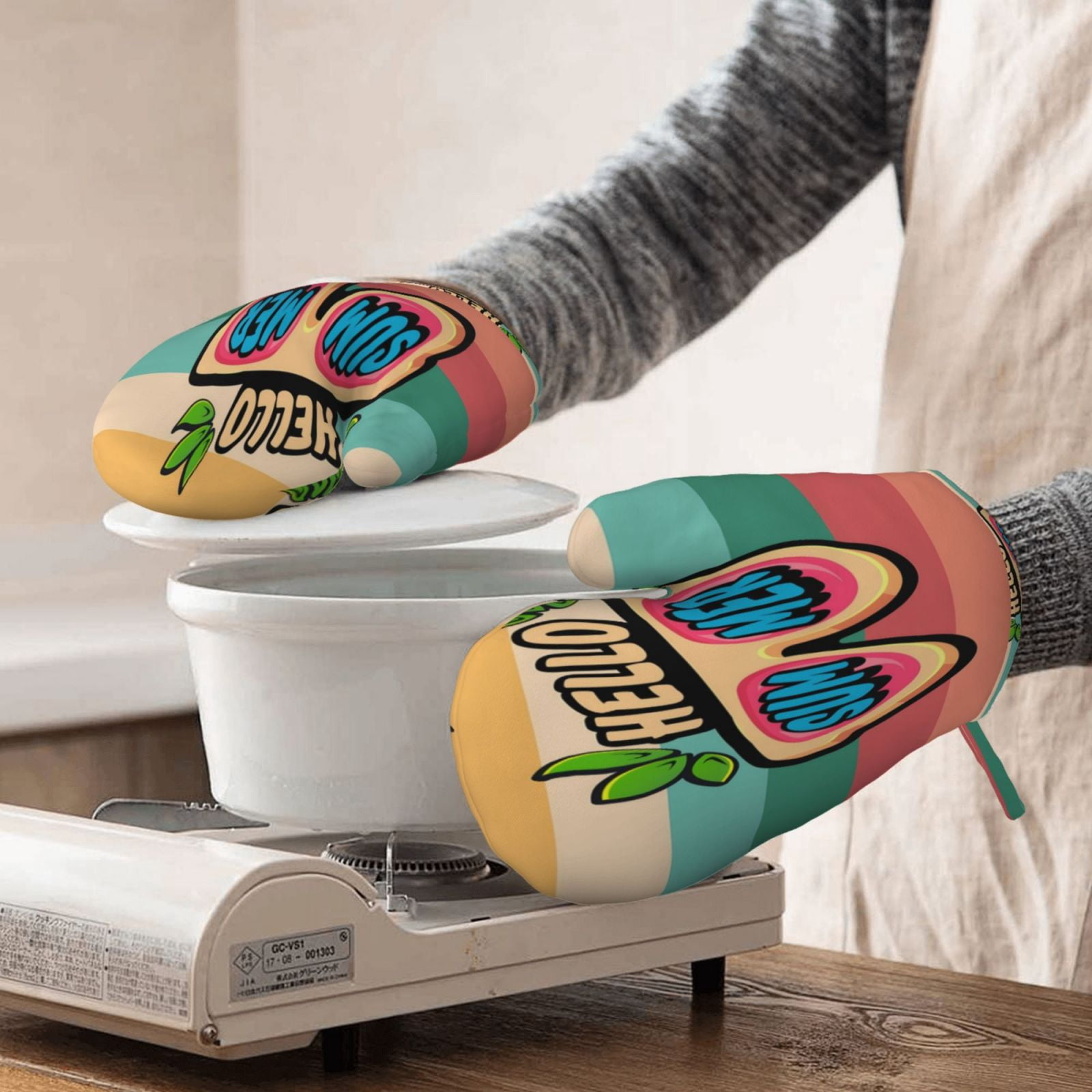 Hirioo Hello Summer for Silicone Oven Mitts for BBQ, Baking, Cooking, Set of 2, Heat Resistant 260℃, Non-Slip Kitchen Essentials