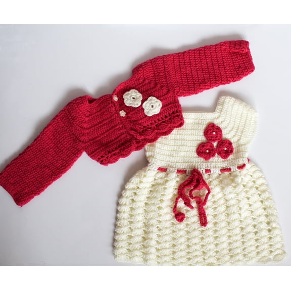 Woonie Handmade Crochet Floral Frock with Shrug-Pink & Cream