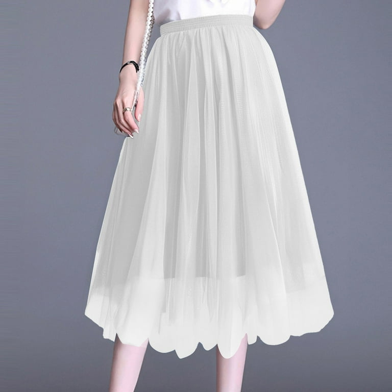 Womens Midi Tulle Skirts Mesh Party Long Elastic High Waist A-Line