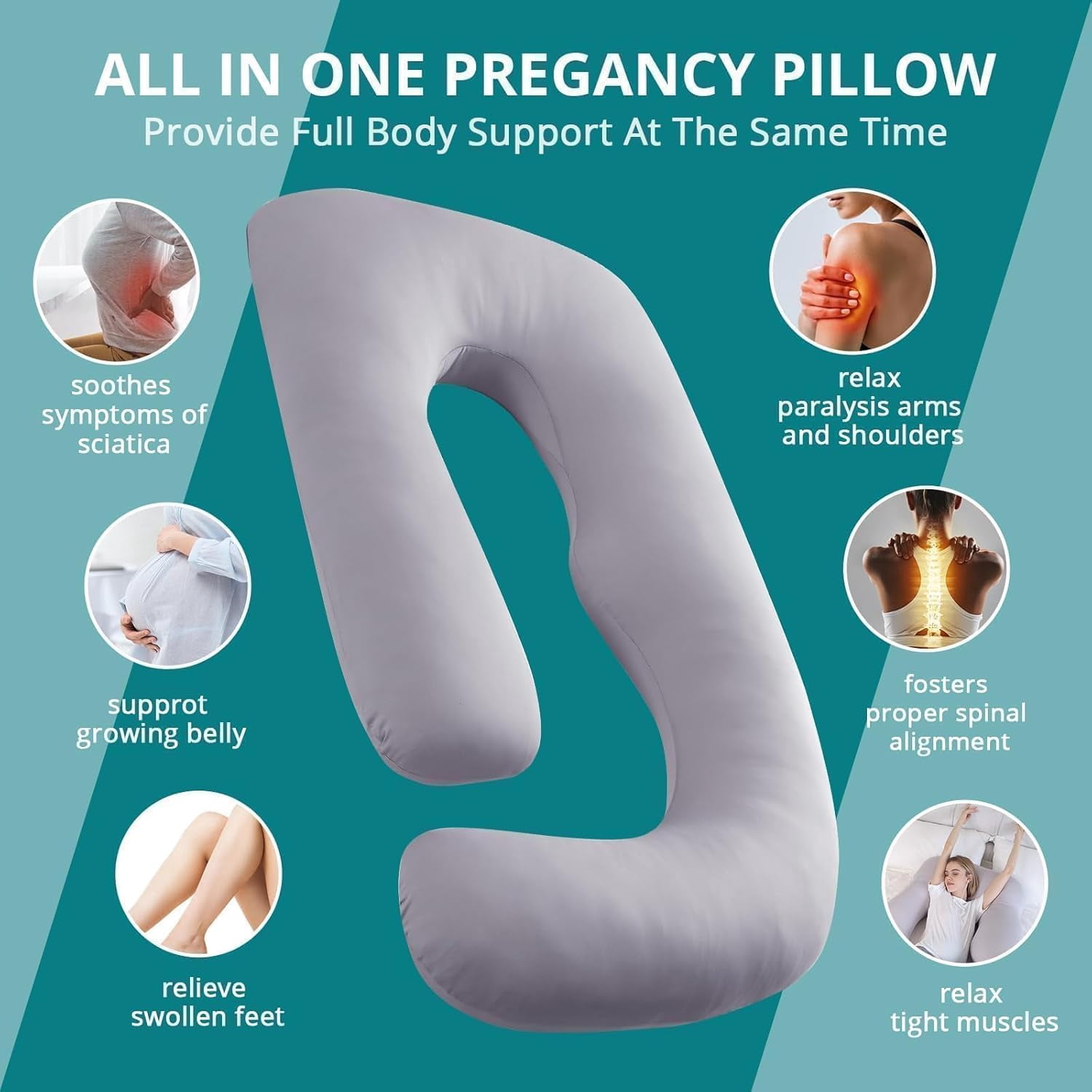 Cooling Pregnancy Pillows for Sleeping, U Shaped Full Body Pillow with Removable Cover, Pregnant Women Must Haves, Maternity Essential, Light Grey