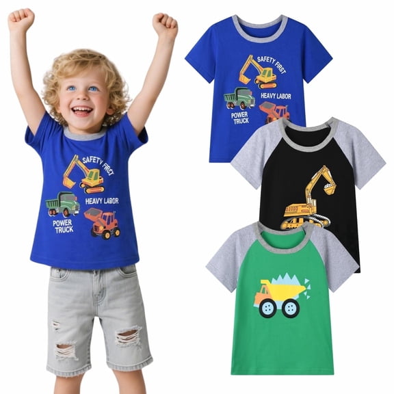 HILEELANG Toddler Boys T-Shirts 3 Pack, 100% Cotton Short Sleeve Tees for Kids 2-7T, Cute Construction Vehicle & Truck Prints Casual Summer Tops for Little Boys
