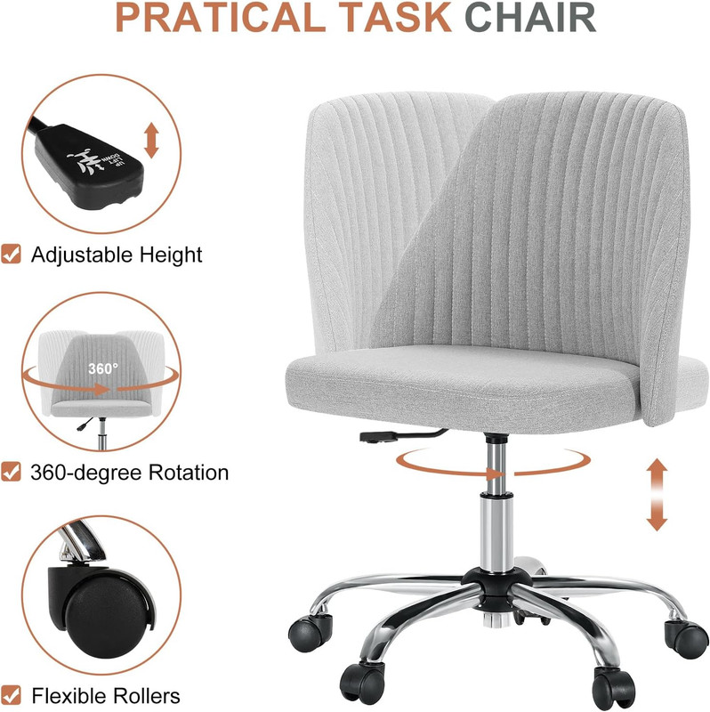 Sybels Modern Office Chair: Armless Swivel Desk Chair with Wheels, Adjustable Height Rolling Task Chair for Home, Dorm，Light Gray