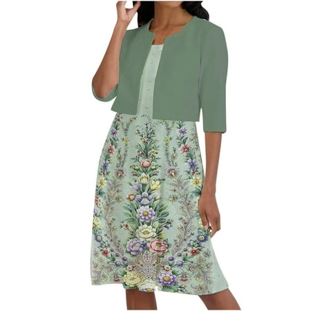 

Dadaria 2 Piece Outfits for Women Skirt Sets Two Piece Printed Round Neck Elegant A Line Sling Dress Half Sleeve Cardigan Tops Set Suit Green S Female
