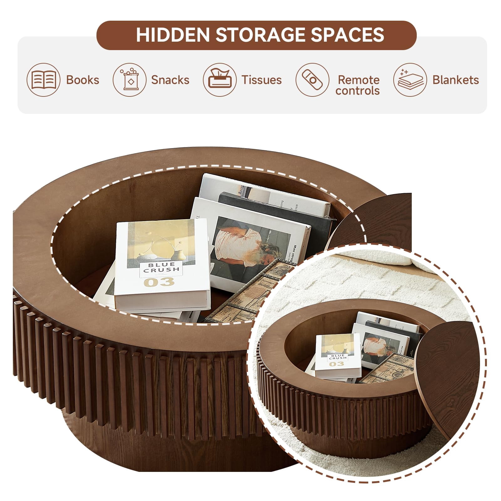 31.5" Round Fluted Drum Coffee Table with Hidden Storage, Modern Slatted Accent Table for Living Room & Small Spaces,Walnut