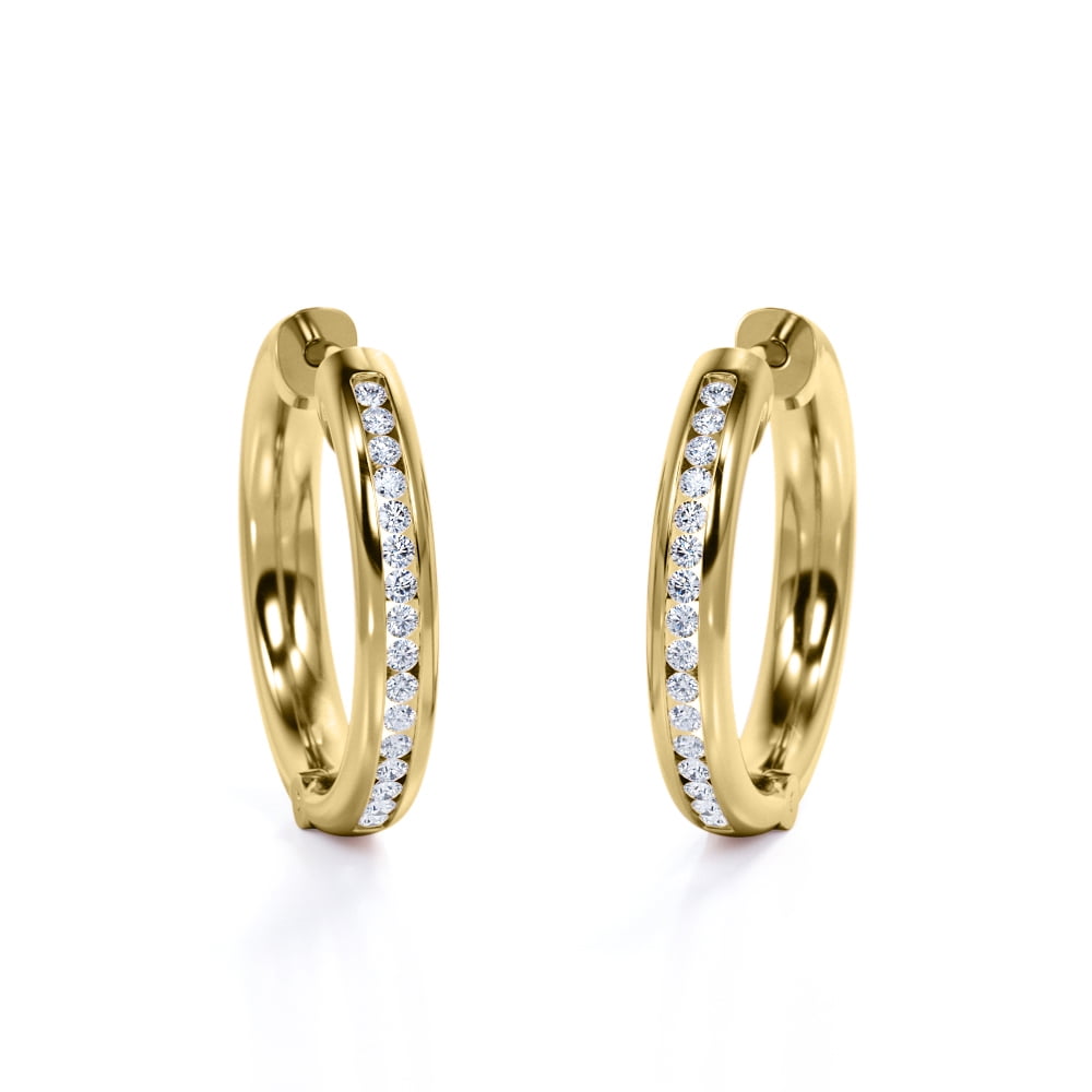 Alluring Half Eternity - 0.7 Carat Round Shape Diamond - Pave Channel - Chunky Hoop Earrings - 18K Yellow Gold Plating over Silver