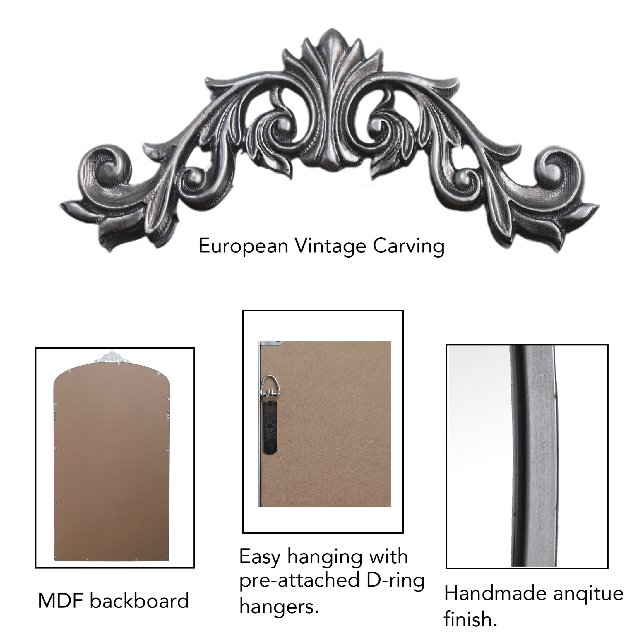 Noble House 36" Vintage Ornate Arched Full Length Floor Mirror, Oversized Metal Frame Dressing Mirror, Antique Silver