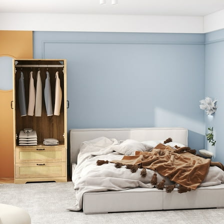 Rattan Armoire Wardrobe Closet with 2 Drawers, Modern WoodenBedroom Armoire with Doors, Clothing Storage Cabinet withHanging Rod,for bedroom,Natural