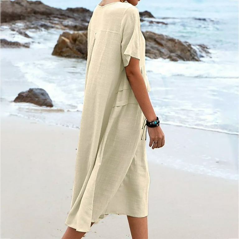 chinese dress ladies Lafural Womens V Neck Cotton Casual Loose Shift Tunic Smock Summer Dresses  Vacation Dress 3/4 Sleeve Pocket Black S at Amazon Women's Clothing store