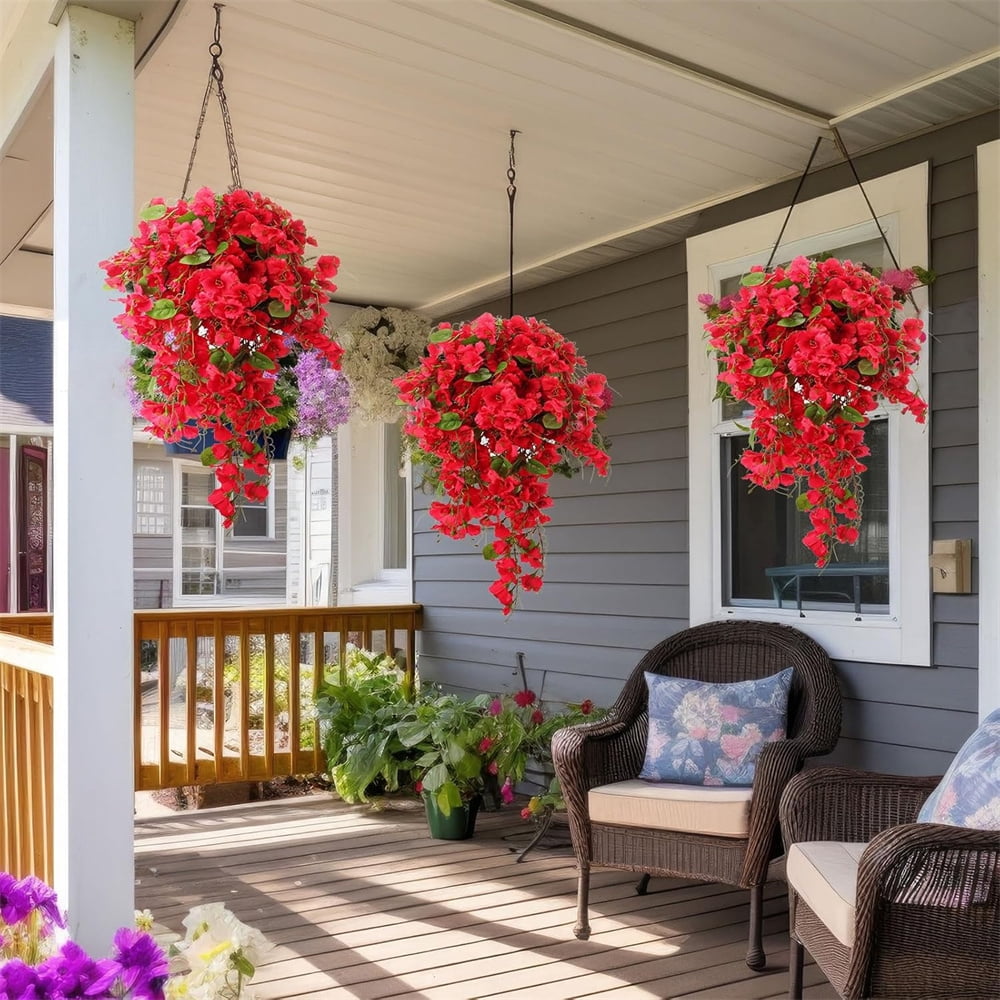 Duslogis 4 Pcs Artificial Hanging Flowers Plants for Outdoors Spring Summer Decoration, Fake Hibiscus Vines UV Resistance Realistic Silk Flowers for Outside Home Patio Porch Garden Wedding,Red