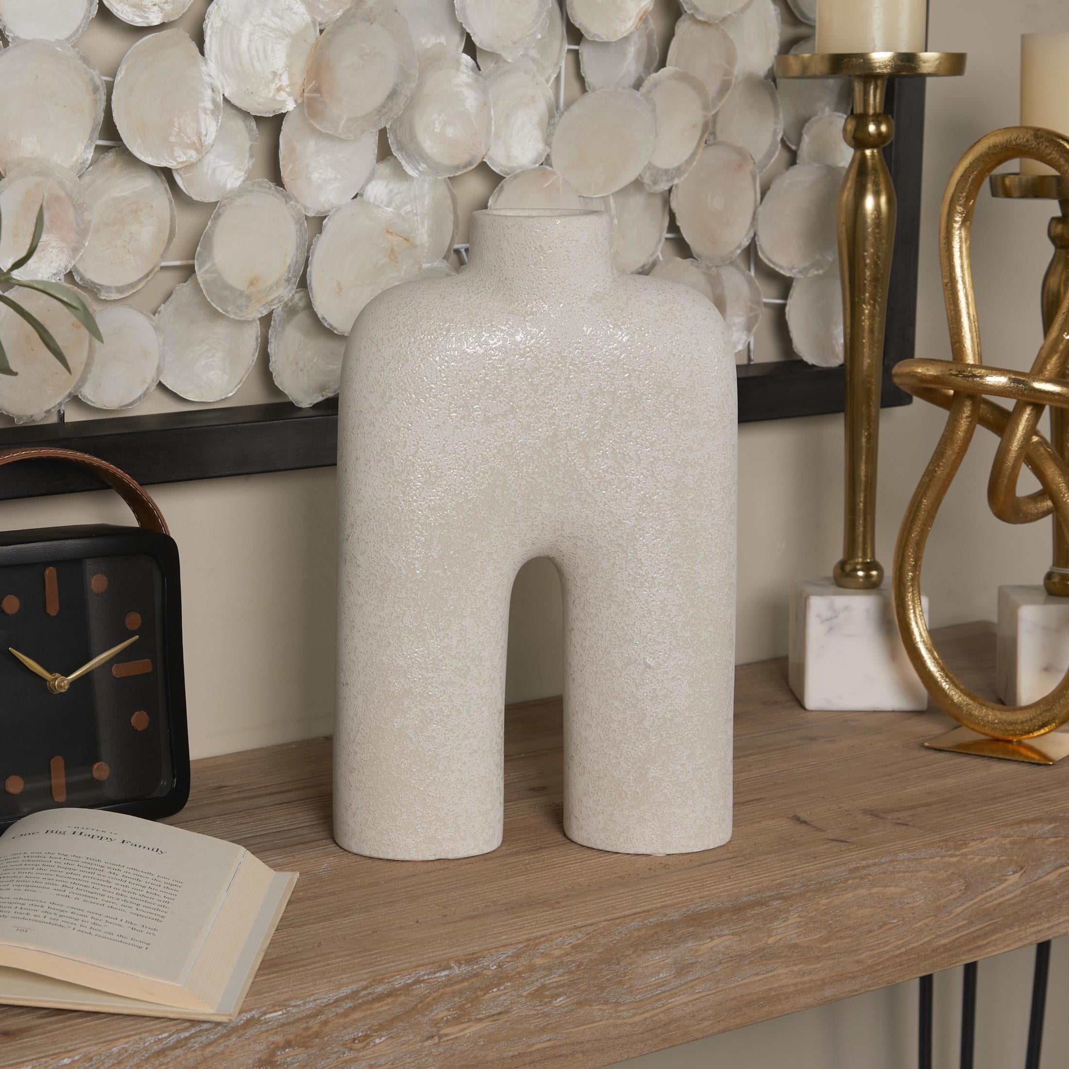 DecMode 13" Abstract Rounded Arched White Ceramic Vase with Glossy Speckled Texture