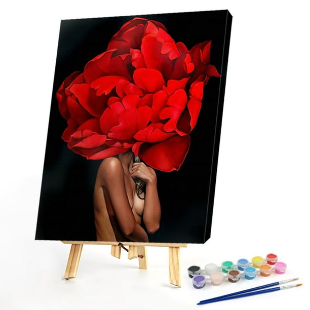 Cuadros Decorativos Kit de pintura al óleo DIY sin marco para niña con cabeza de flor roja por números (S1128) Tmvgtek embutido en tela