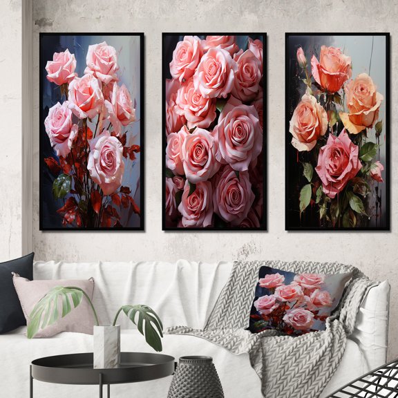 Designart "Ravishing Roses Bouquet Pretty in Pink III" Floral Framed Wall Art Set Of 3 - Pink Roses Frame Gallery Wall Set For Home Decor