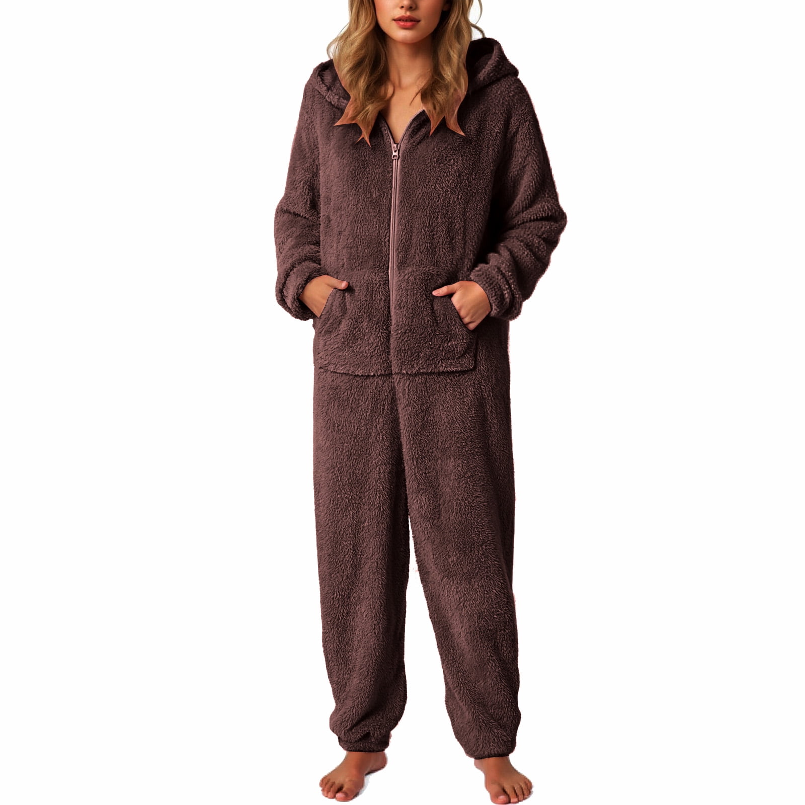 Rotm Adult Onsies Trendy Fashion Ladies One-Piece Jumpsuit Animal Hoodie Long Sleeve Sleepwear Comfortable Pajamas For Women Coffee,4XL