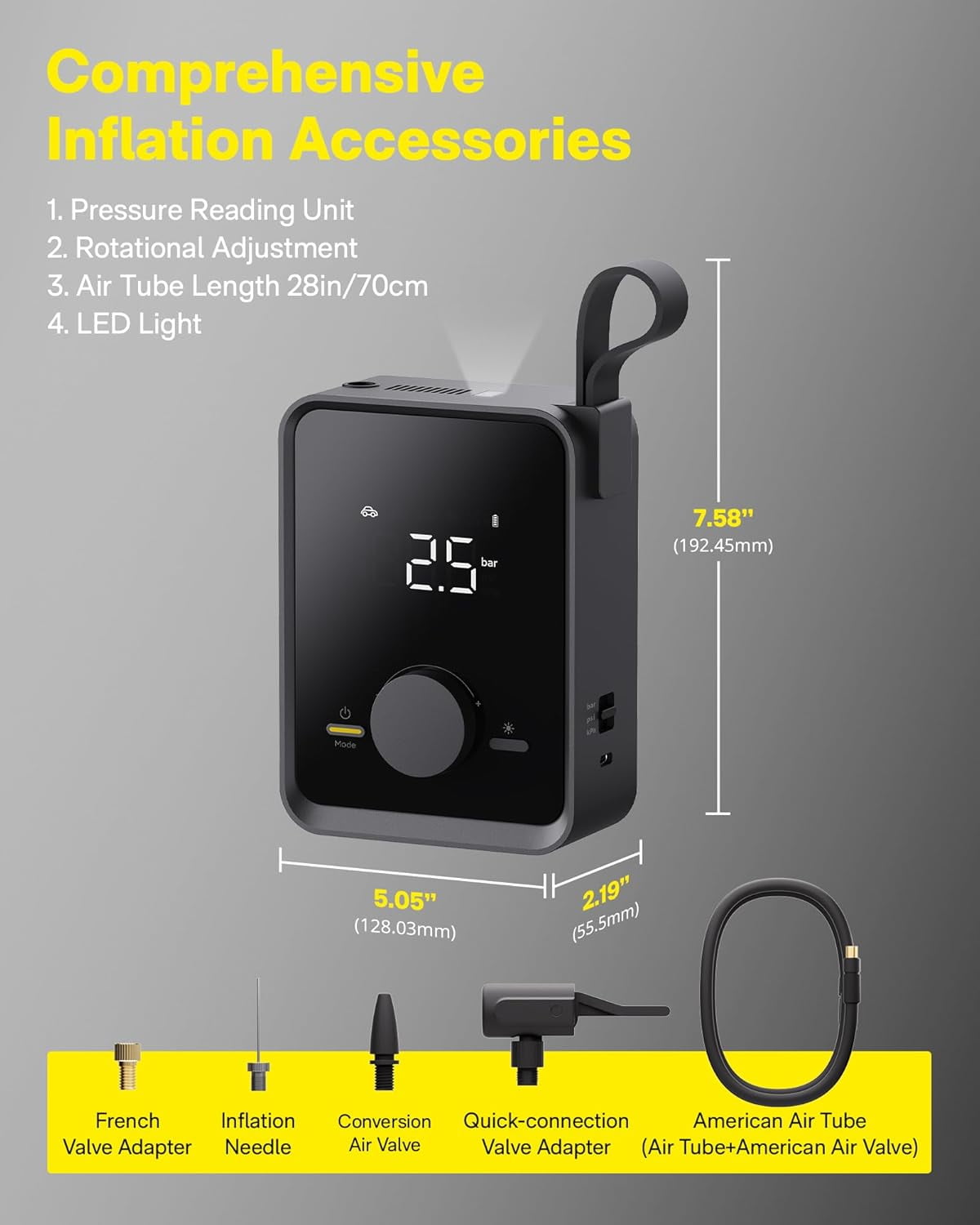 HOTO Portable Electric 120PSI Tire Inflator with 12V Motor, Cordless Air Compressor with Digital Display for Car and Bike