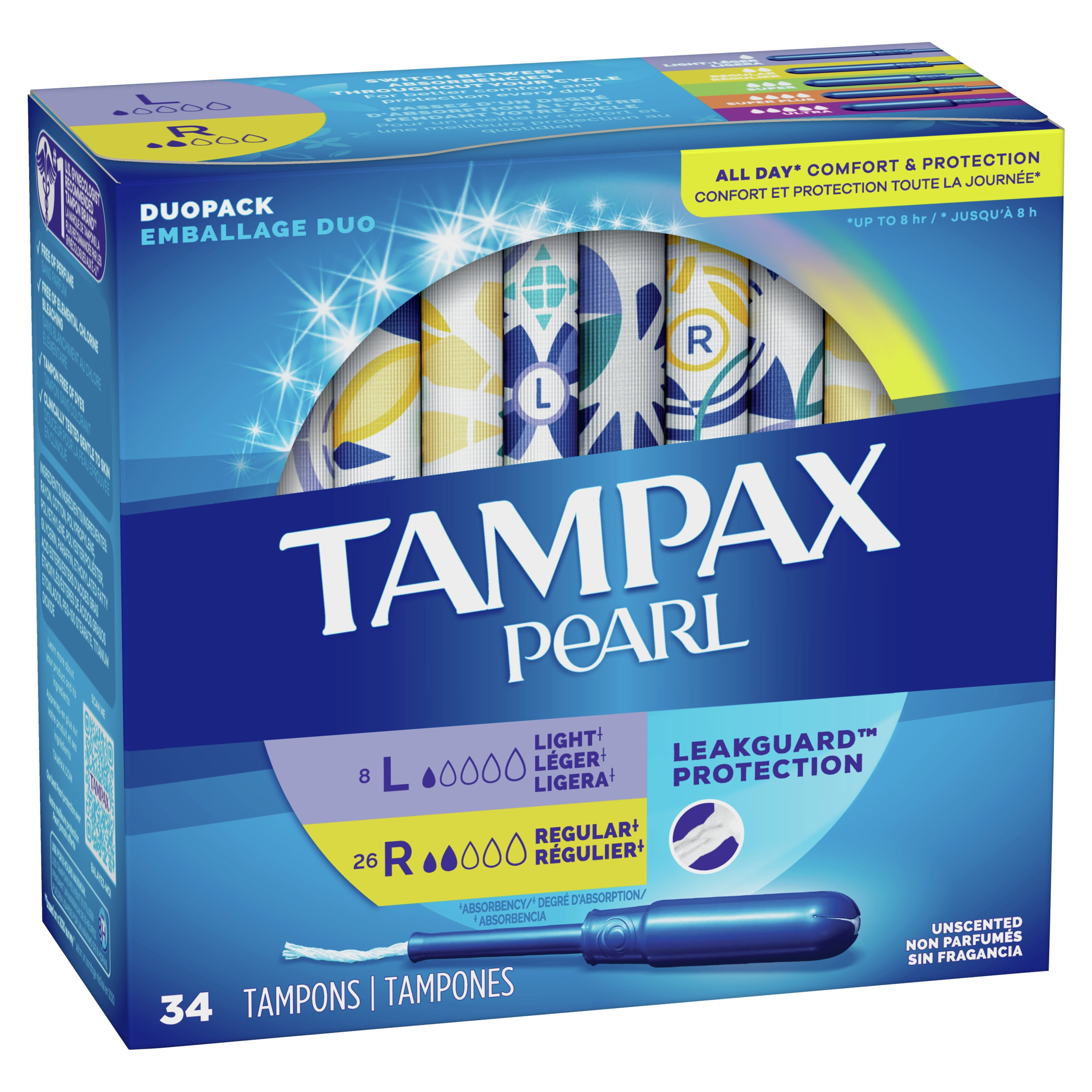 Tampax Pearl Tampons Duo Multipack with LeakGuard Braid, Light/Regular  Absorbency, 34 Ct 