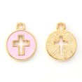 thumbnail image 2 of 100 pc Light golden Plated Alloy Enamel Pendants Flat Round with Cross Pearl Pink 15x12x1.5mm Hole: 1.6mm, 2 of 2