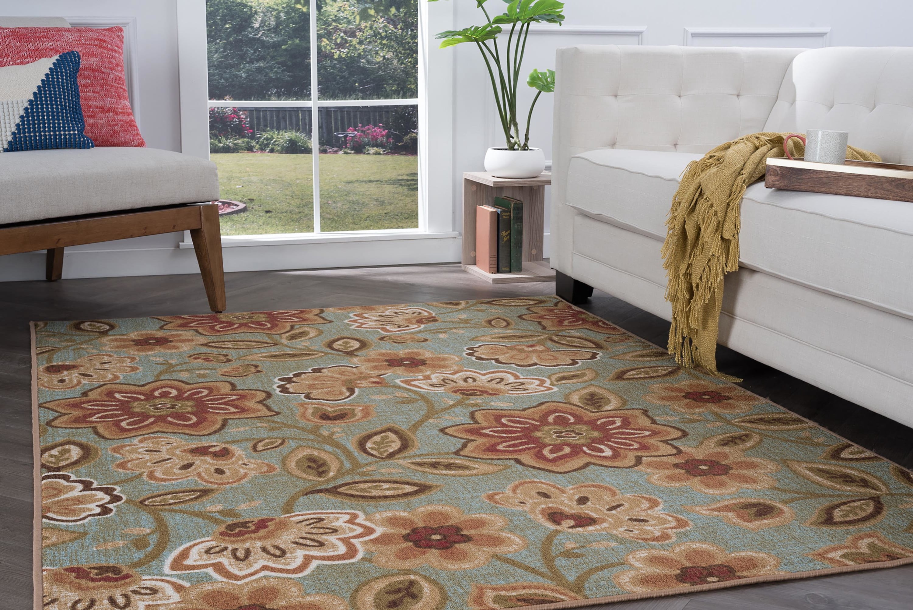 Transitional 7x10 Area Rug (6'7'' x 9'6'') Floral Seafoam, Beige Living Room Easy to Clean