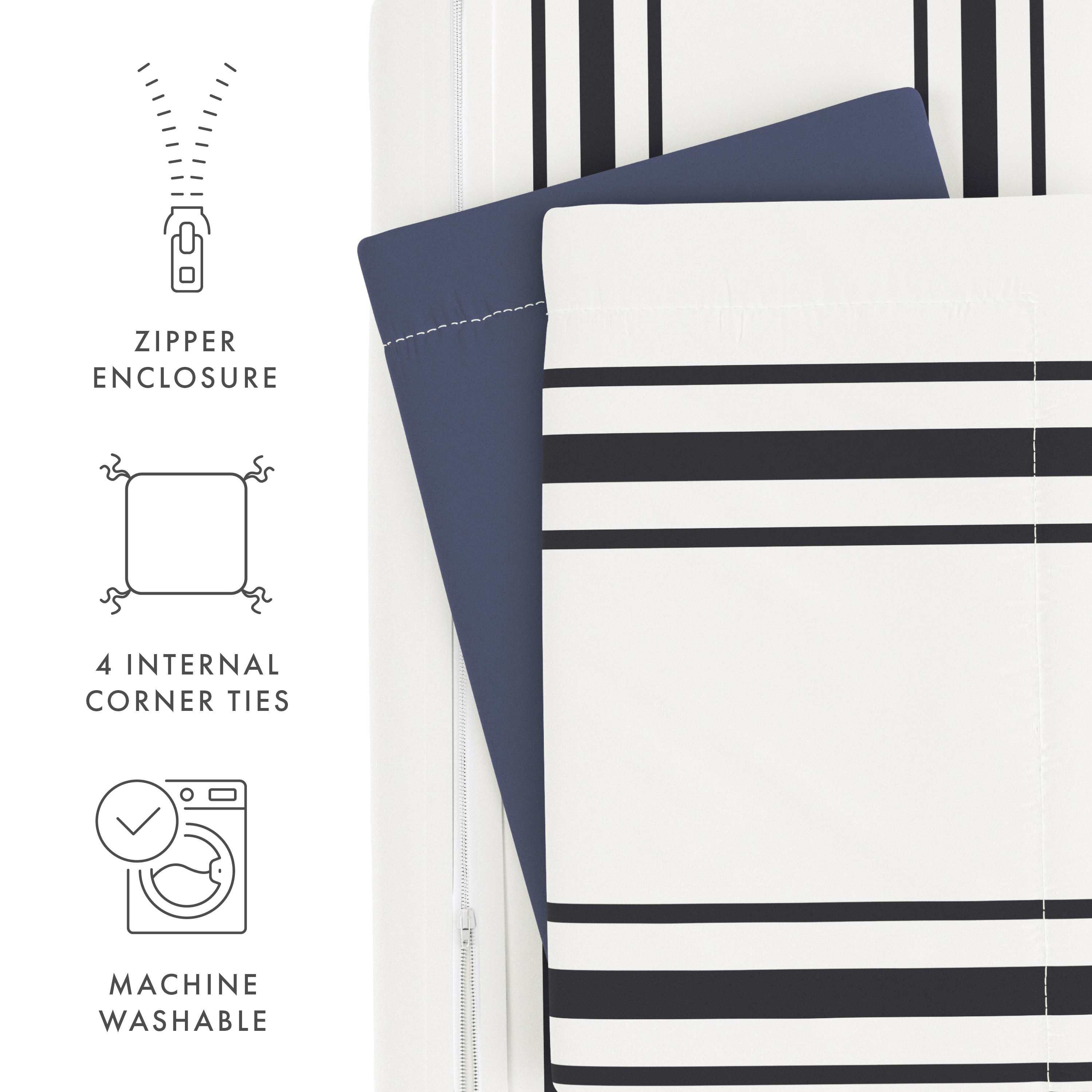 Noble Linens Navy Desert Stripe Reversible 3-Piece Duvet Cover Set, Full/Queen