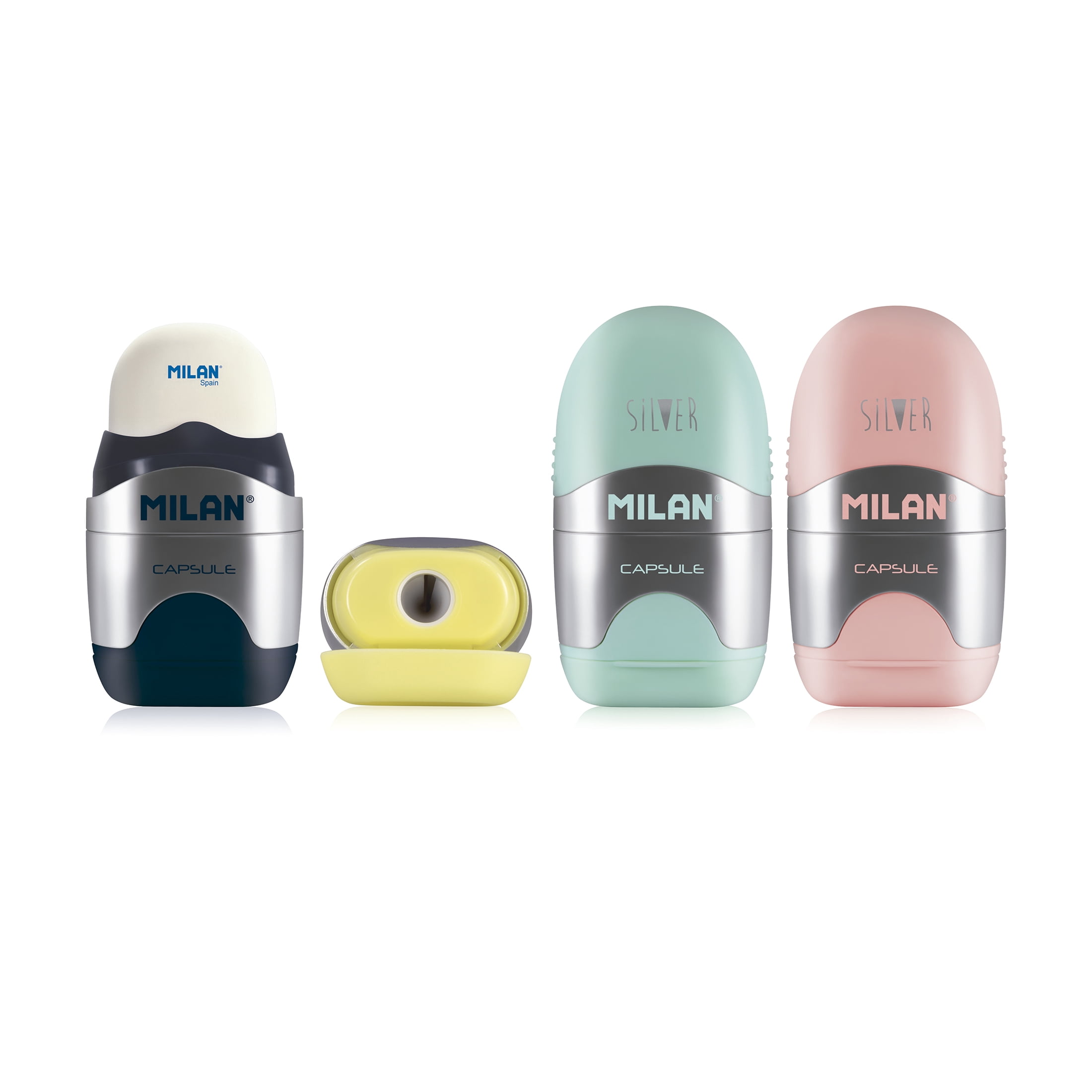MILAN CAPSULE Silver Handheld Manual Pencil Sharpener with Eraser Comes with 2 Spare Erasers, Multicolor, New 2.5 in