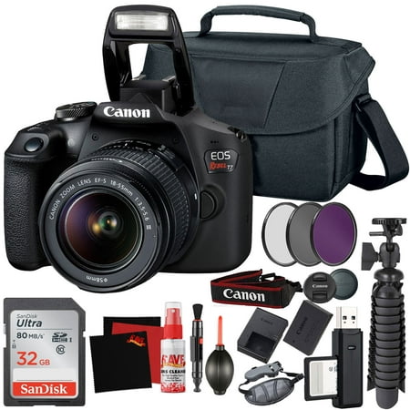 Canon Rebel T7 (EOS 2000D) DSLR Camera with EF-S 18-55 mm f/3.5-5.6 IS DC III Lens + 32GB Memory Card + Camera Bag + Cleaning Kit + Table Tripod + Filters