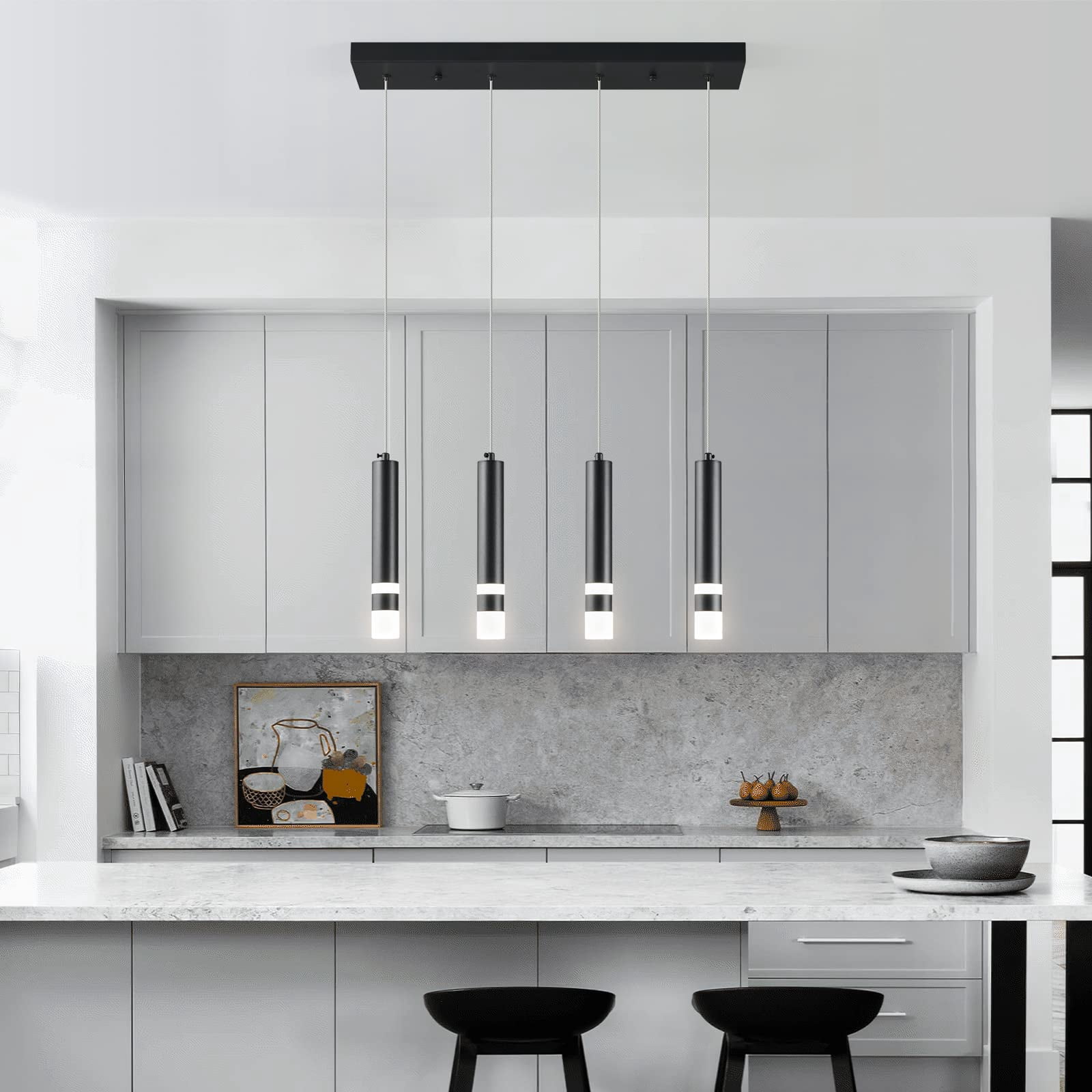 ZHLWIN 4-Light Dining Room Modern Pendant Light Kitchen Fixture Dimmable LED Black Mini Pendant Lighting for Kitchen Island Study Pendant Lights