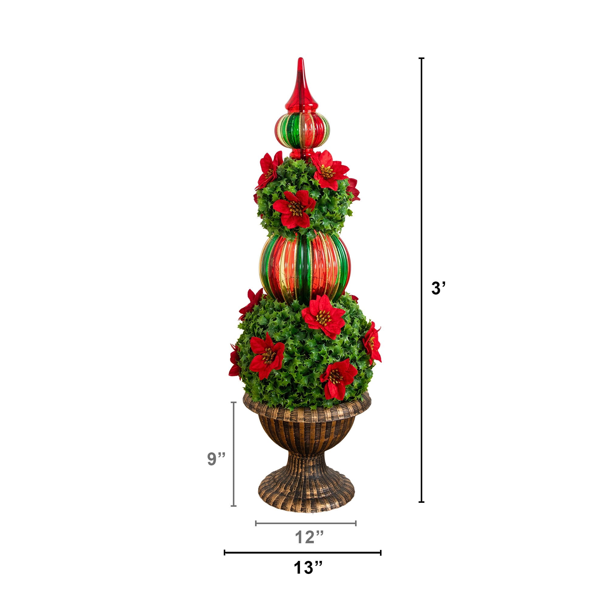 3ft. Pre-Lit Artificial Christmas Ornament Holly Berry Topiary Tree with Poinsettias and 70 LED Lights in Decorative Urn