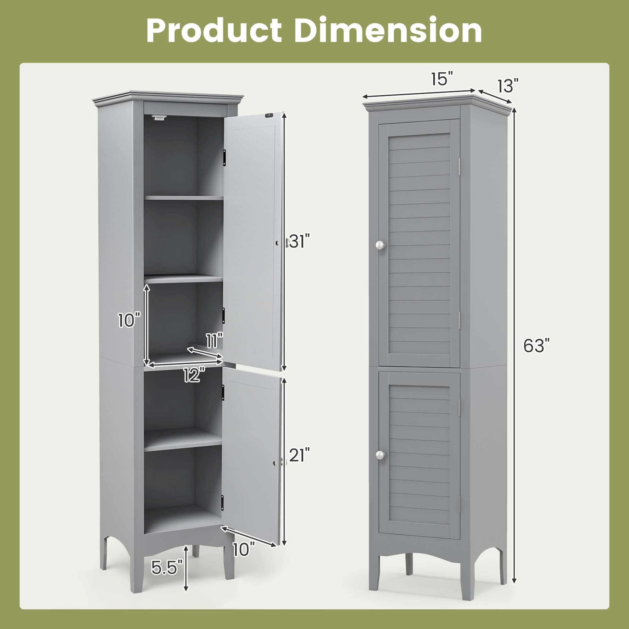 Costway Tall Bathroom Floor Cabinet Narrow Linen Tower with 2 Doors & Adjustable Shelf Grey