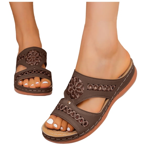 Womens Sandals Flower Embroidery Open Toe Slides Comfy Orthopedic Walking Shoes Lightweight Cushioning Slip on Summer Beach Shoes Coffee Size 9