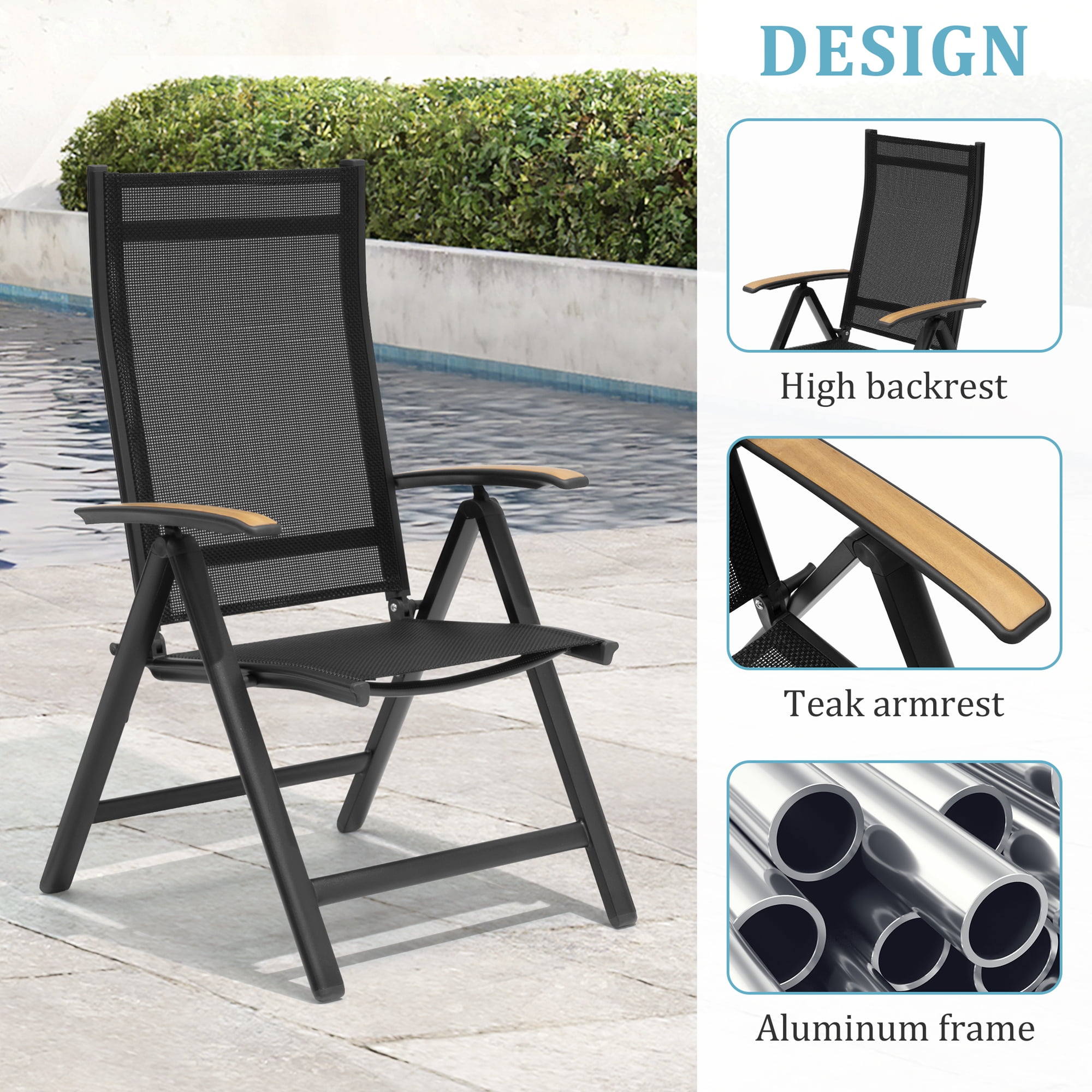 Pellebant Set of 2 Aluminum Outdoor Folding Dining Chair with Arm, Black