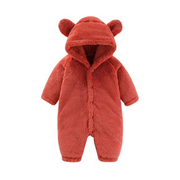 VINUSLI Romper for Baby Boy Cozy Flannel Bear Ears Hooded Footed Jumpsuit Thermal Zip Up Long Sleeve Warm Fall Winter Outfits Red,12M