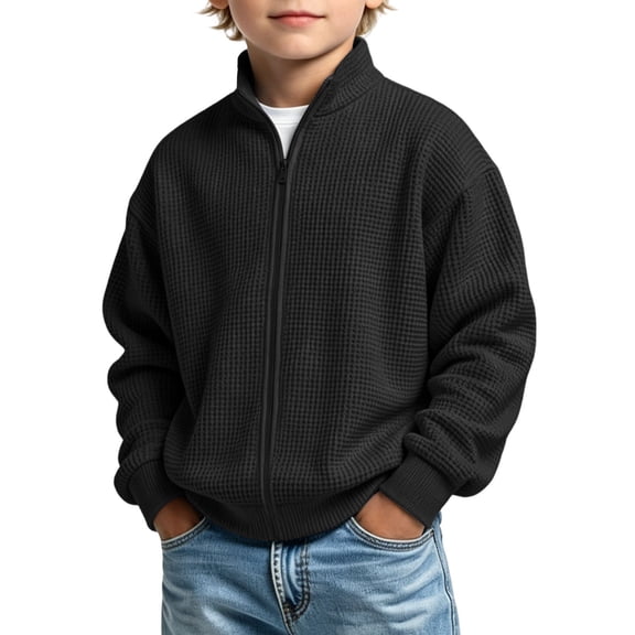 Boys Zip up Hoodies Cute Waffle Sweatshirts Jackets Casual Long Sleeve Stand Collar Tops Fashion Solid Color Outerwear Lightweight Coats Kids Teen Boys Back to School Clothes 3-14 Years