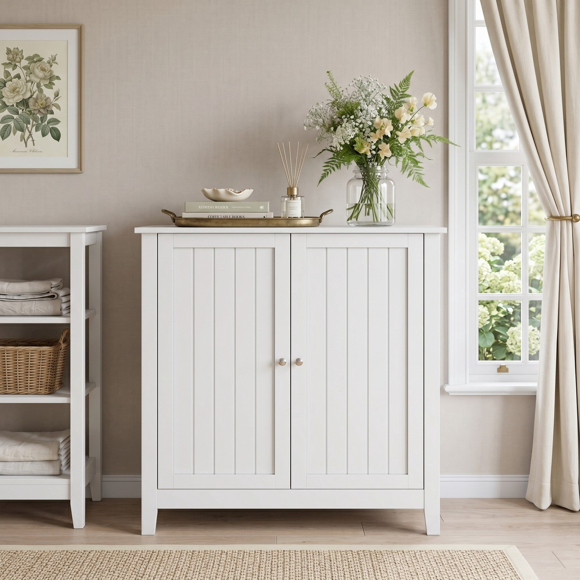 Sailvan White Double Door Storage Cabinet, Mid-Century Modern Freestanding Buffet with Silver Knobs