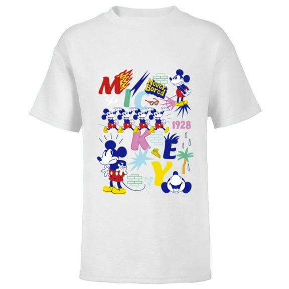 Disney Mickey Mouse Vintage Never Bored - Short Sleeve T-Shirt for Kids - Customized-White
