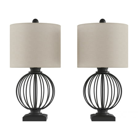 Lavish Home Set of 2 Wrought Iron Modern Table Lamps with LED Bulbs (Black)