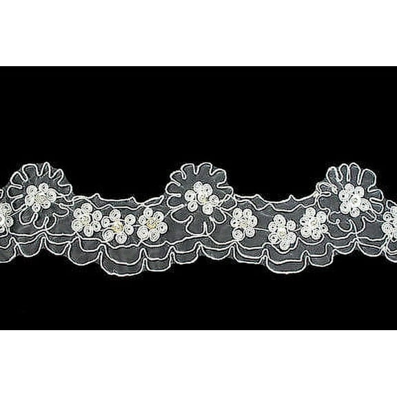 Lily 3" White Corded Sequins Beaded Organza Sheer Floral Lace Trim by Yardage