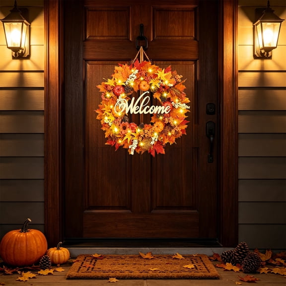 XIA0LE Lighted Fall Maple Leaf Welcome Wreath, Simulation Door hanging Decor with Warm LED Lights, Orange Red Foliage Front Door Wreath for Thanksgiving Harvest Porch Wall Home Decoration