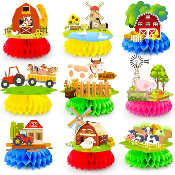 Farm Honeycomb Ceterpieces, 9 Pcs Farm Animals Honeycomb Decorations, Farm Theme Birthday Party Honeycomb Centerpieces & Farm Animal Party Centerpieces for Farm Birthday Decorations